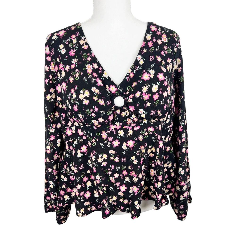 No Boundaries Blouse Women XXXL Juniors 21 Black Floral Padded Long Sleeve Boho